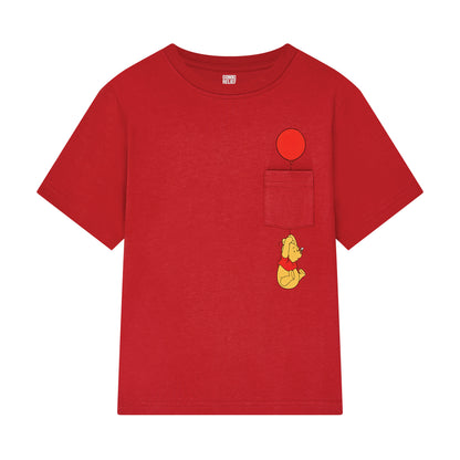 Kids Red Winnie Balloon Pocket Embroidered T-⁠shirt